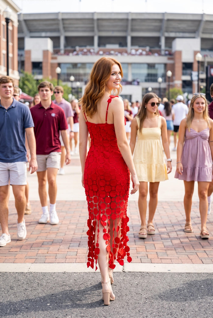 3d Lace Appliqué Fringe Hem Bodycon Midi Dress