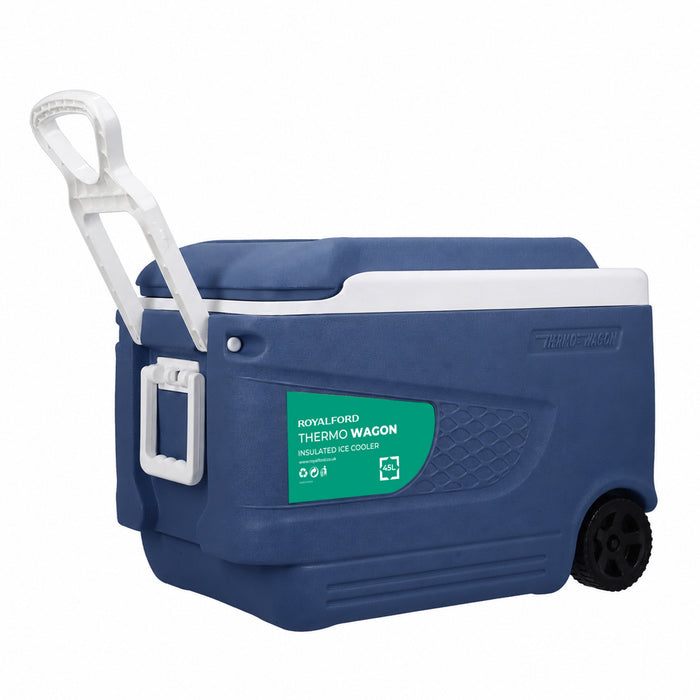45L Large Blue Insulated Ice Cooler Chest With Wheels & Cup Holders