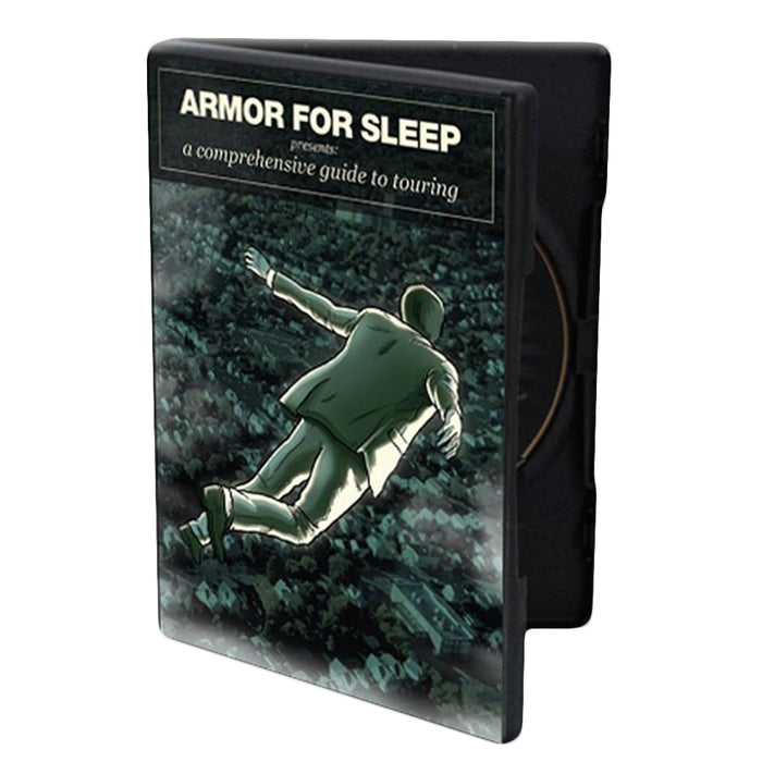 Armor For Sleep DVD cover for A Comprehensive Guide to Touring, features an illustrated person in a suit falling backward over a cityscape, echoing dream-rock vibes and moody artwork reminiscent of What To Do When You Are Dead.