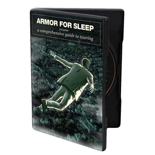 Armor For Sleep DVD cover for A Comprehensive Guide to Touring, features an illustrated person in a suit falling backward over a cityscape, echoing dream-rock vibes and moody artwork reminiscent of What To Do When You Are Dead.
