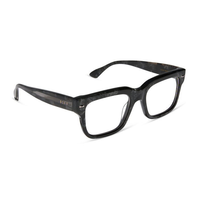 emily in paris x diff eyewear featuring the alfie rectangle prescription glasses with a black tortoise frame angled view