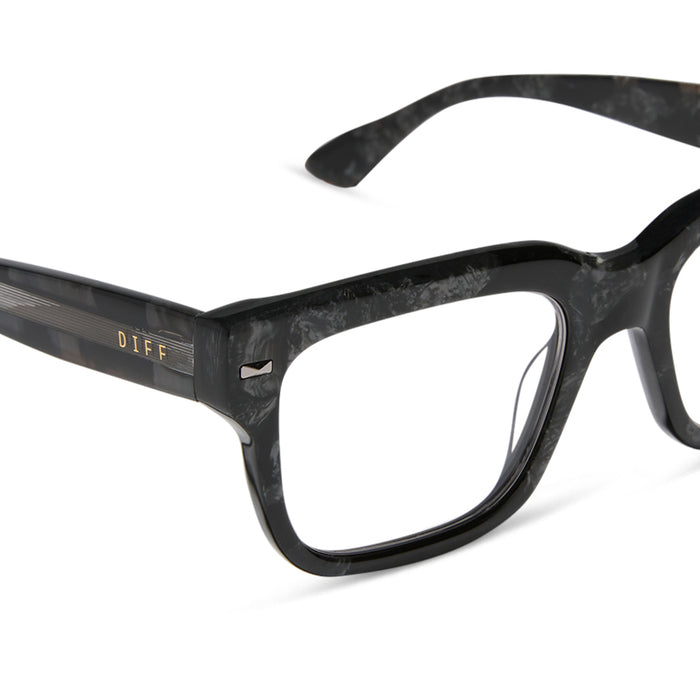 emily in paris x diff eyewear featuring the alfie rectangle prescription glasses with a black tortoise frame detailed view