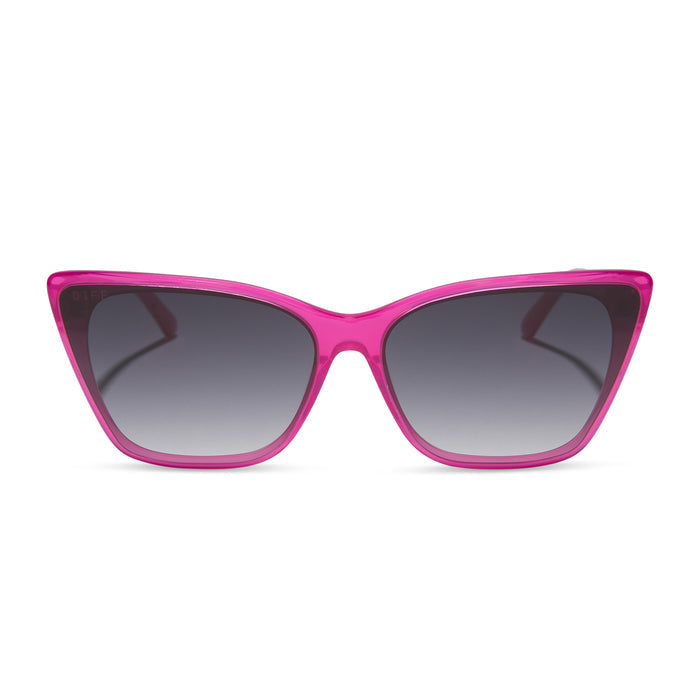 diff eyewear featuring the alina cat eye sunglasses with a bright pink tulip frame and grey gradient lenses front view