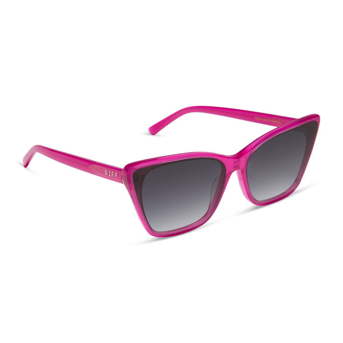 diff eyewear featuring the alina cat eye sunglasses with a bright pink tulip frame and grey gradient lenses angled view