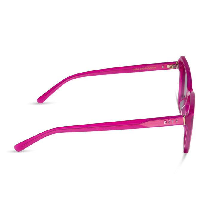 diff eyewear featuring the alina cat eye sunglasses with a bright pink tulip frame and grey gradient lenses side view