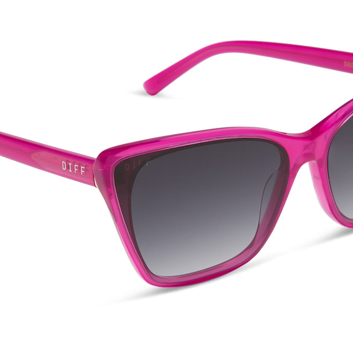 diff eyewear featuring the alina cat eye sunglasses with a bright pink tulip frame and grey gradient lenses detailed view