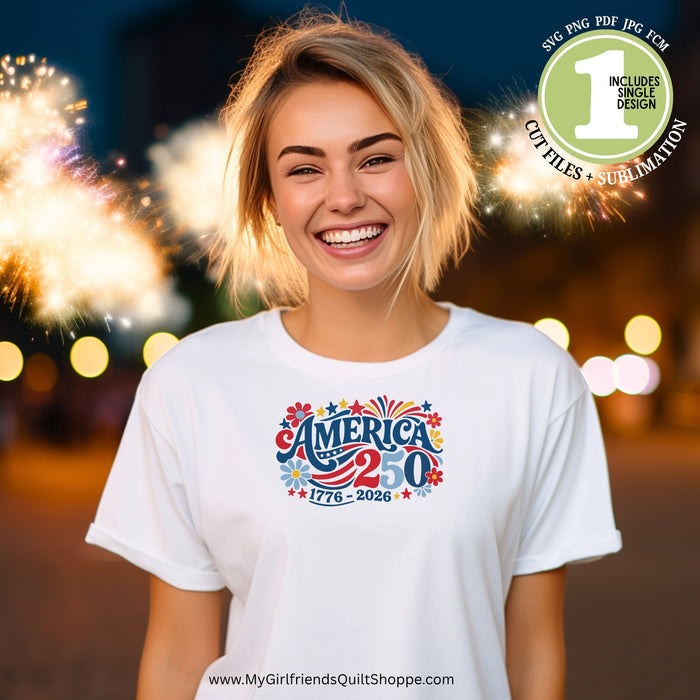 Woman wearing a white t-shirt with 'America 250' design, fireworks in the background