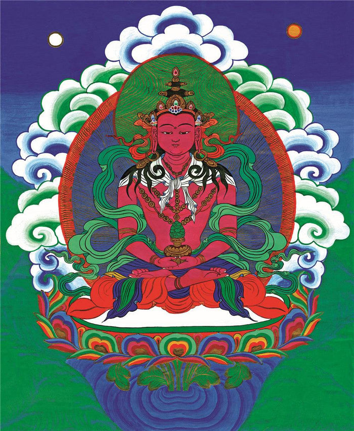 Amitayus - the Buddha of Longevity - Tibetan thangka painting, front view