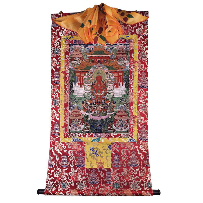 Amitayus - the Buddha of Longevity - Tibetan thangka painting, detailed view