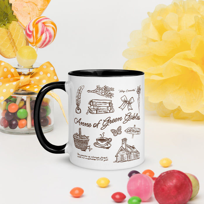 Anne of Green Gables Mug with Color Inside - The Bean Workshop - Anne of Green Gables, Anne of Green Gables Mug for Book Lovers, Anne Shirley Fandom, Avonlea Motif, Bookish Gift, Brown Ink Illustration, Ceramic Mug, Cottagecore Aesthetic, L.M. Montgomery, Literary Illustrated Ceramic Mug for Readers, Reader Gift, Vintage Sketch Style
