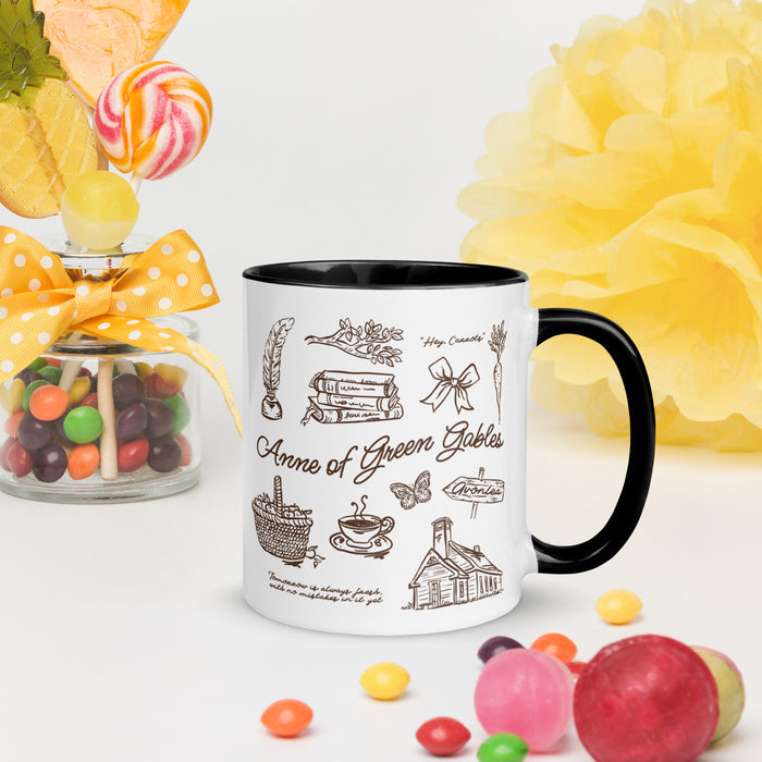 Anne of Green Gables Mug with Color Inside - The Bean Workshop - Anne of Green Gables, Anne of Green Gables Mug for Book Lovers, Anne Shirley Fandom, Avonlea Motif, Bookish Gift, Brown Ink Illustration, Ceramic Mug, Cottagecore Aesthetic, L.M. Montgomery, Literary Illustrated Ceramic Mug for Readers, Reader Gift, Vintage Sketch Style