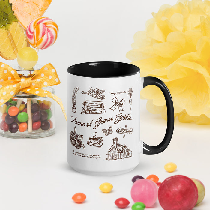 Anne of Green Gables Mug with Color Inside - The Bean Workshop - Anne of Green Gables, Anne of Green Gables Mug for Book Lovers, Anne Shirley Fandom, Avonlea Motif, Bookish Gift, Brown Ink Illustration, Ceramic Mug, Cottagecore Aesthetic, L.M. Montgomery, Literary Illustrated Ceramic Mug for Readers, Reader Gift, Vintage Sketch Style