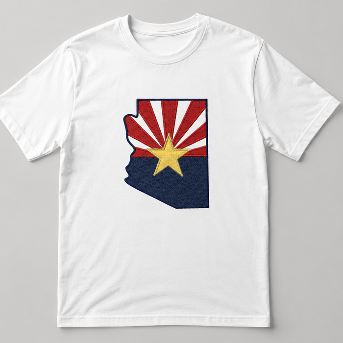 White t-shirt with Arizona state flag design on a gray background