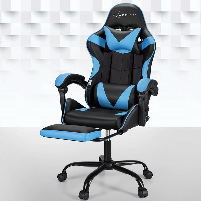 Artiss 2 Point Massage Gaming Office Chair Footrest Cyan Blue -Home Living Store - -
