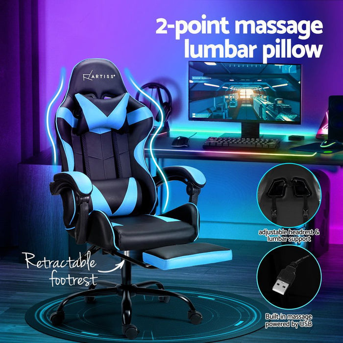 Artiss 2 Point Massage Gaming Office Chair Footrest Cyan Blue -Home Living Store - -