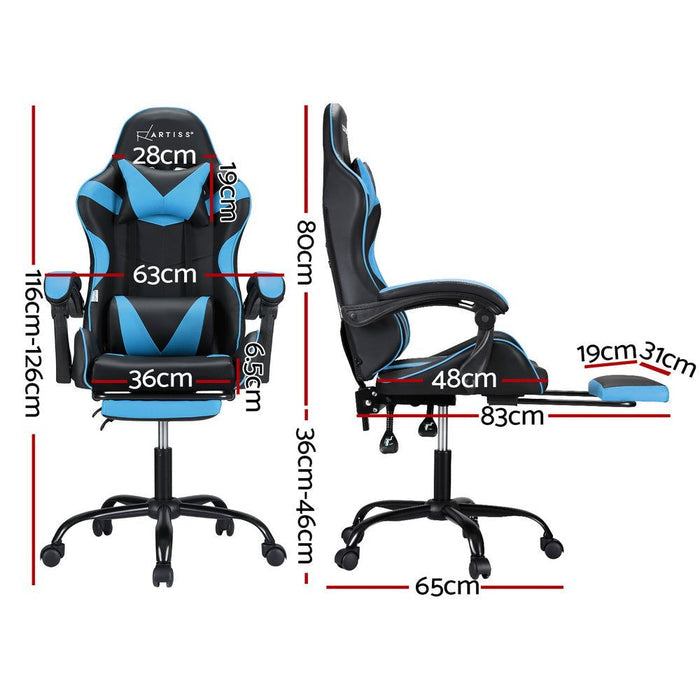 Artiss 2 Point Massage Gaming Office Chair Footrest Cyan Blue -Home Living Store - -