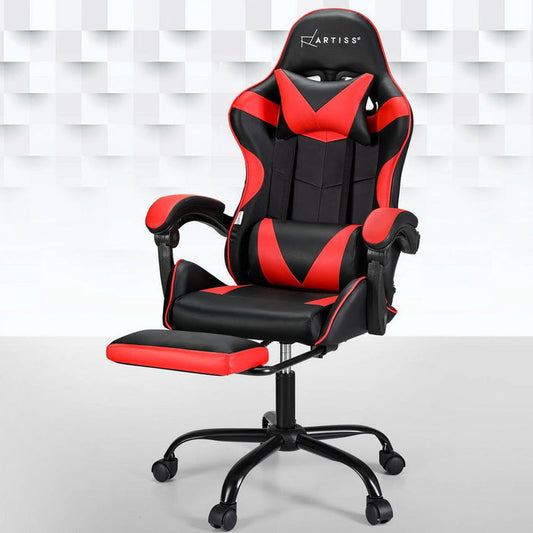 Artiss 2 Point Massage Gaming Office Chair Footrest Red -Home Living Store - -