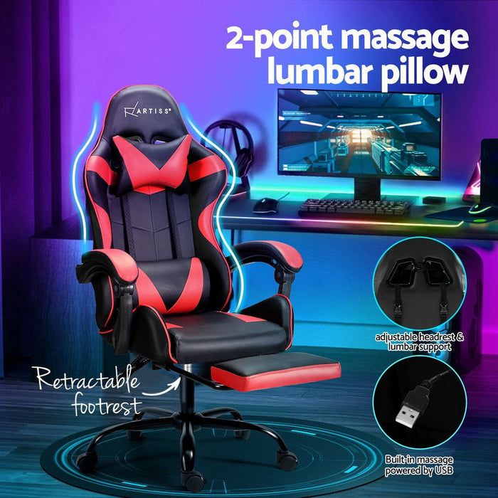 Artiss 2 Point Massage Gaming Office Chair Footrest Red -Home Living Store - -