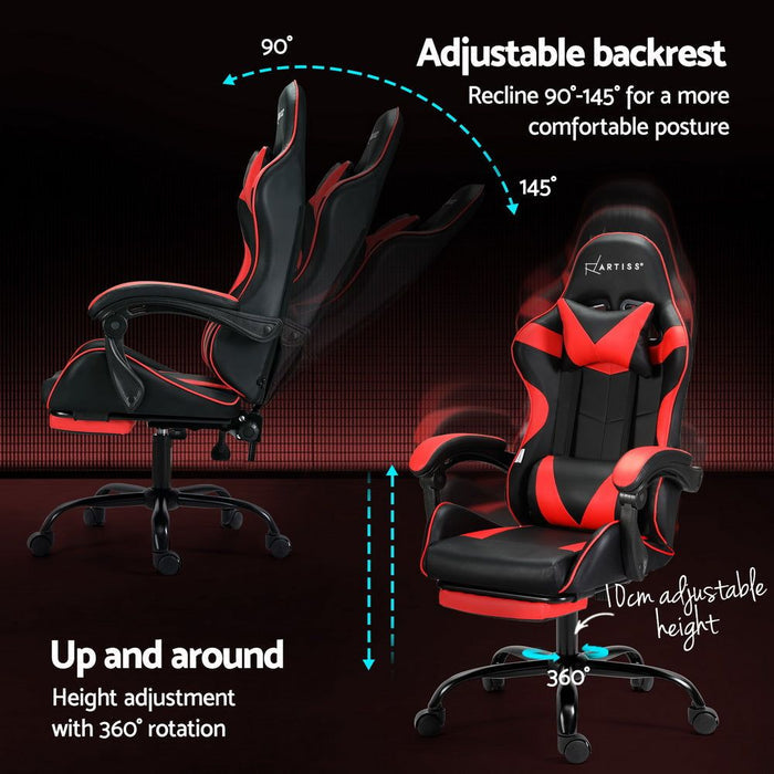Artiss 2 Point Massage Gaming Office Chair Footrest Red -Home Living Store - -