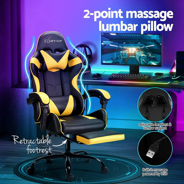 Artiss 2 Point Massage Gaming Office Chair Footrest Yellow -Home Living Store - -