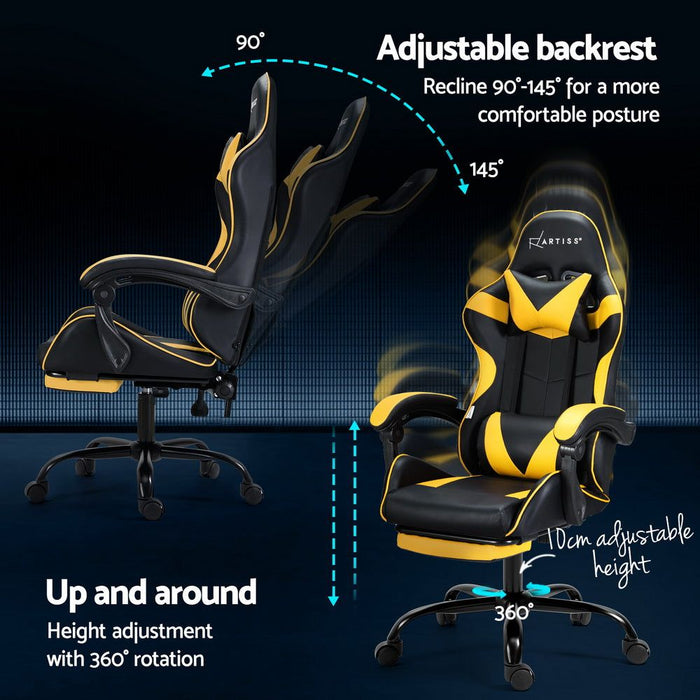 Artiss 2 Point Massage Gaming Office Chair Footrest Yellow -Home Living Store - -