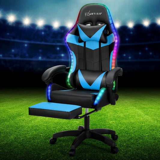 Artiss 6 Point Massage Gaming Office Chair 7 LED Footrest Cyan Blue -Home Living Store - -
