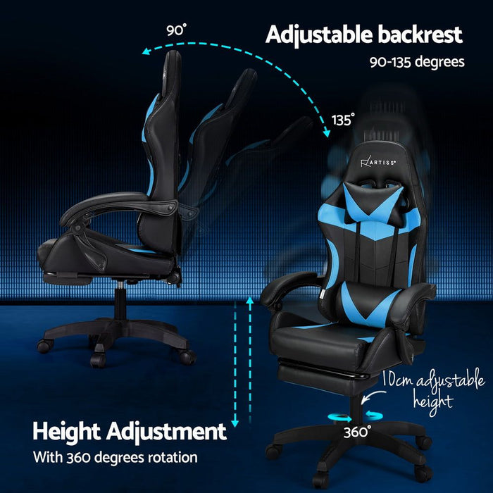 Artiss 6 Point Massage Gaming Office Chair 7 LED Footrest Cyan Blue -Home Living Store - -