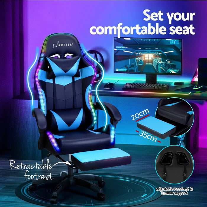 Artiss 6 Point Massage Gaming Office Chair 7 LED Footrest Cyan Blue -Home Living Store - -