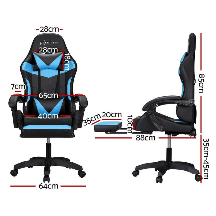 Artiss 6 Point Massage Gaming Office Chair 7 LED Footrest Cyan Blue -Home Living Store - -