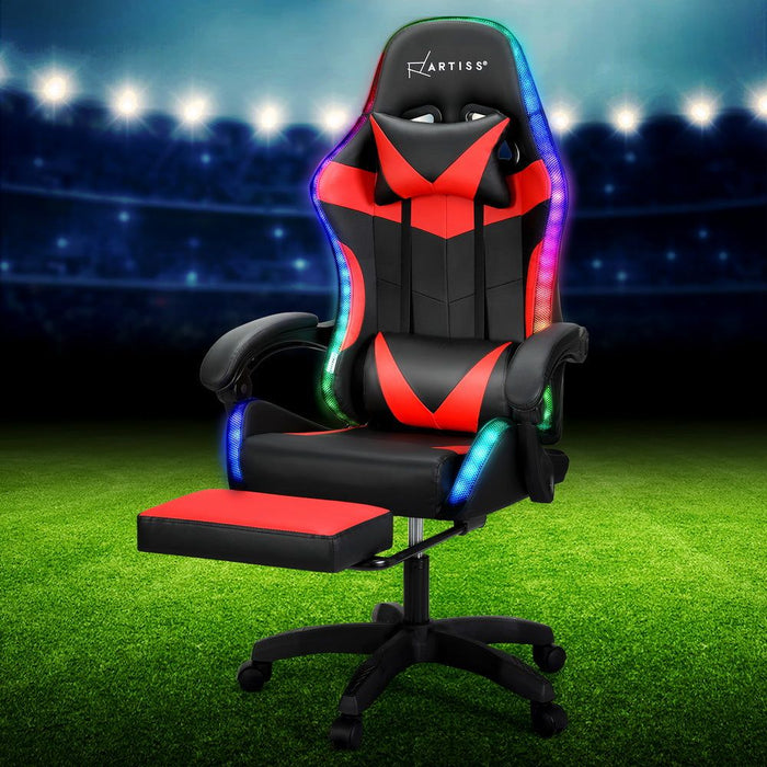 Artiss 6 Point Massage Gaming Office Chair 7 LED Footrest Red -Home Living Store - -