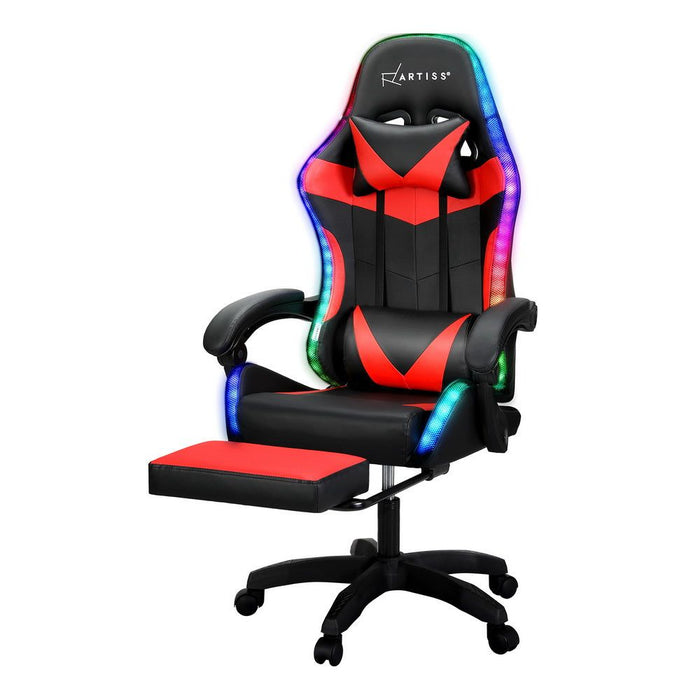 Artiss 6 Point Massage Gaming Office Chair 7 LED Footrest Red -Home Living Store - -