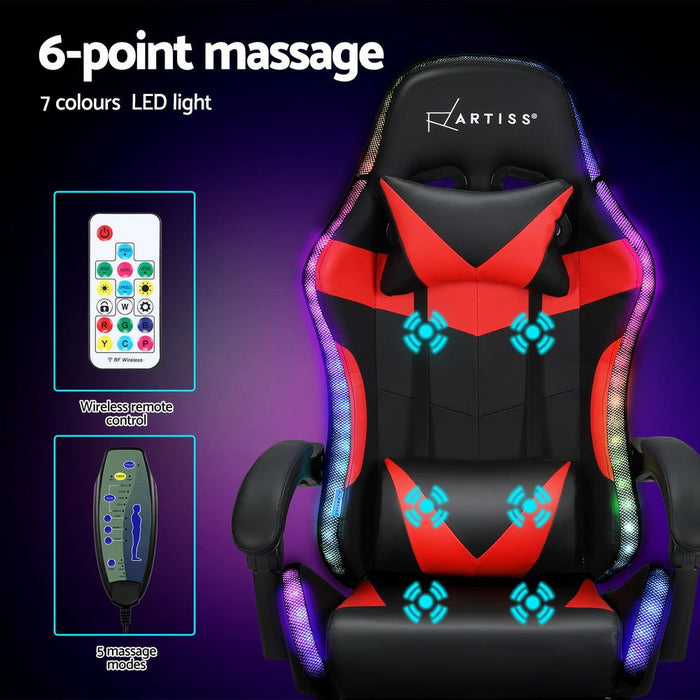 Artiss 6 Point Massage Gaming Office Chair 7 LED Footrest Red -Home Living Store - -