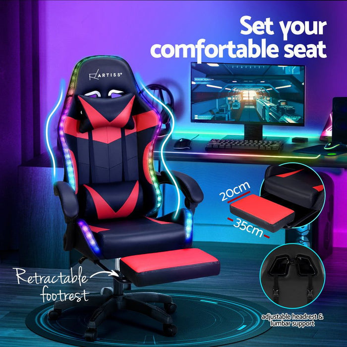 Artiss 6 Point Massage Gaming Office Chair 7 LED Footrest Red -Home Living Store - -