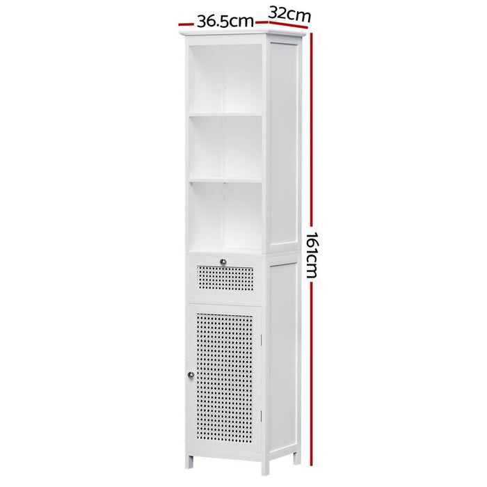Artiss Bathroom Cabinet Storage 161cm White Rattan Tallboy Toilet Cupboard -Home Living Store - -
