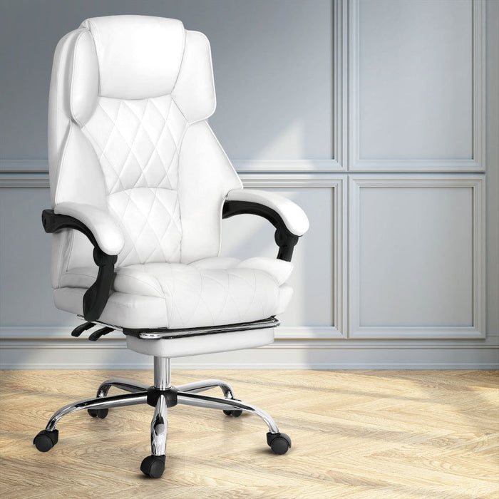Artiss Executive Office Chair Leather Footrest White -Home Living Store - -