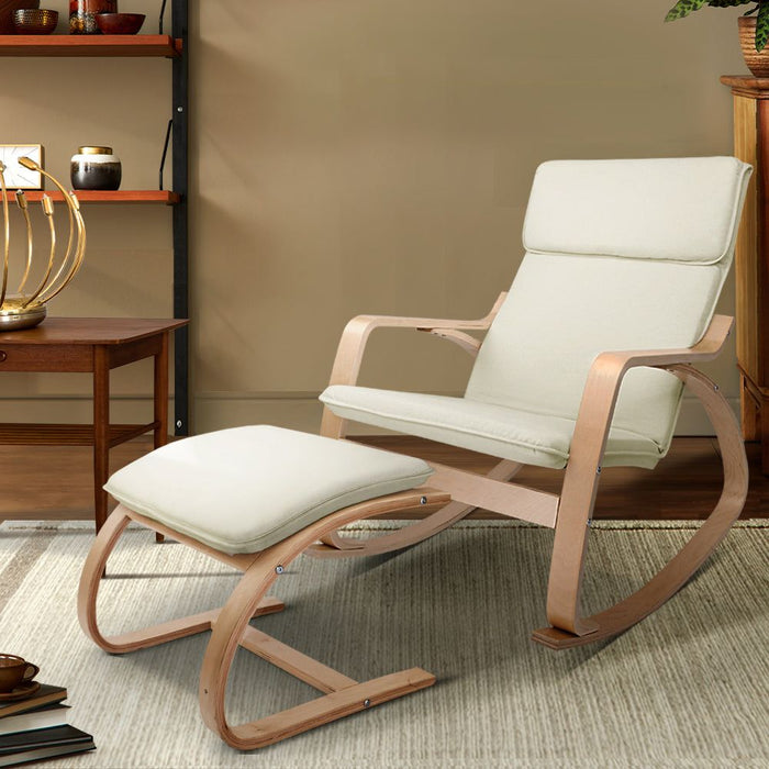 Artiss Rocking Armchair Bentwood Frame With Foot Stool Beige -Home Living Store - -