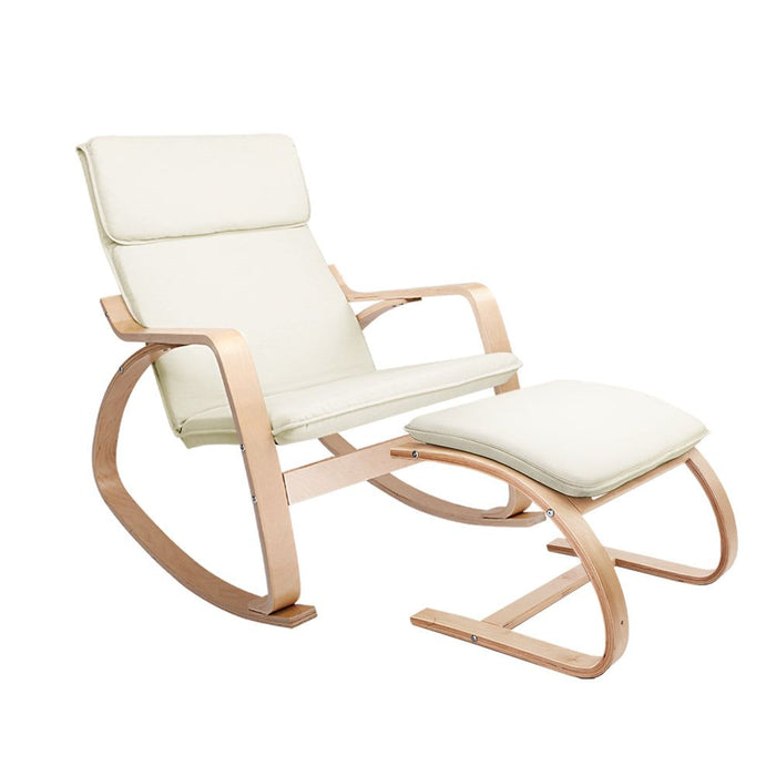 Artiss Rocking Armchair Bentwood Frame With Foot Stool Beige -Home Living Store - -