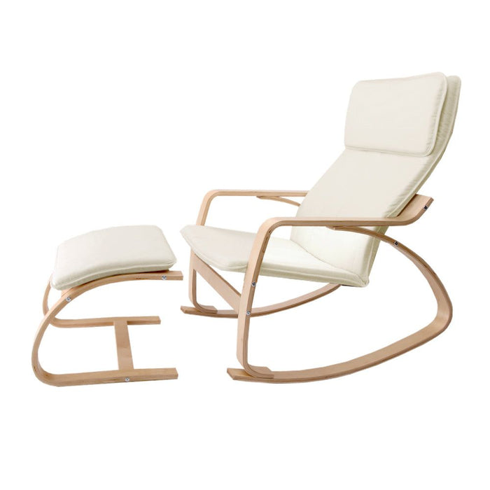 Artiss Rocking Armchair Bentwood Frame With Foot Stool Beige -Home Living Store - -