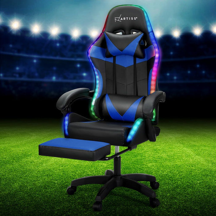 Artiss Six Point Massage Gaming Office Chair 7 LED Footrest Blue -Home Living Store - -