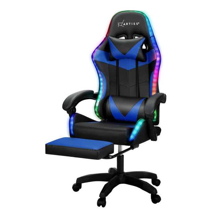 Artiss Six Point Massage Gaming Office Chair 7 LED Footrest Blue -Home Living Store - -