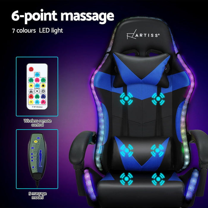 Artiss Six Point Massage Gaming Office Chair 7 LED Footrest Blue -Home Living Store - -