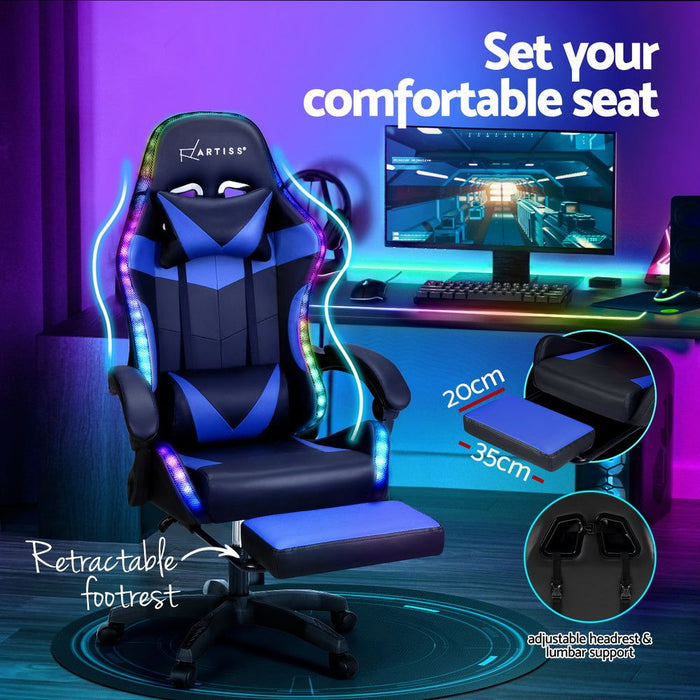 Artiss Six Point Massage Gaming Office Chair 7 LED Footrest Blue -Home Living Store - -