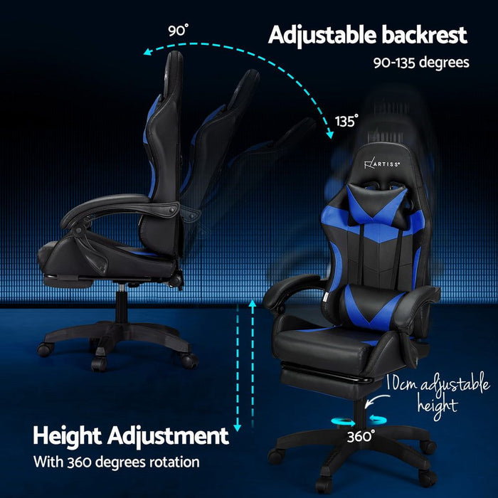 Artiss Six Point Massage Gaming Office Chair 7 LED Footrest Blue -Home Living Store - -