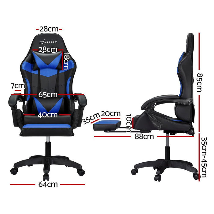 Artiss Six Point Massage Gaming Office Chair 7 LED Footrest Blue -Home Living Store - -