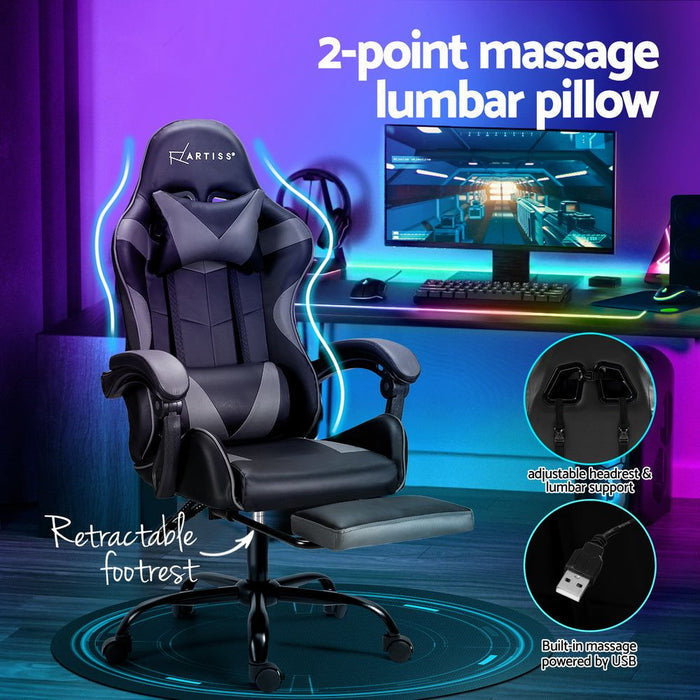 Artiss Two Point Massage Gaming Office Chair Footrest Grey -Home Living Store - -
