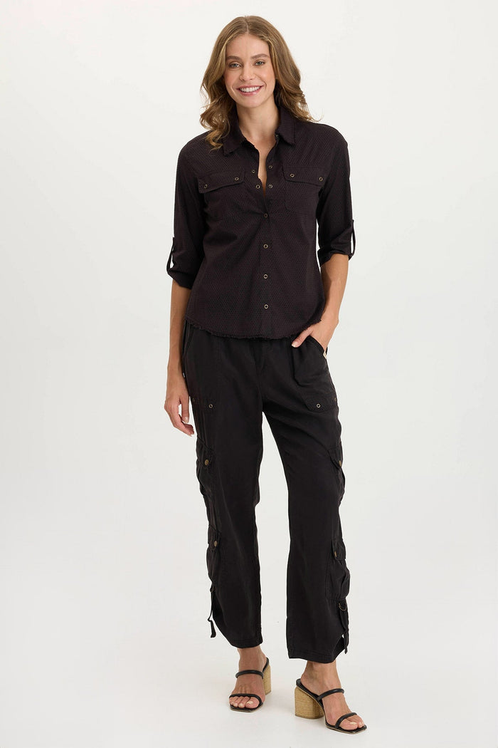 XCVI Arvin Perforated Poplin + Jersey Tabbed 3/4-Sleeve Snap-Up Top