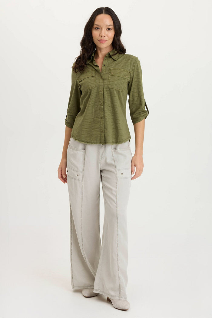 XCVI Arvin Perforated Poplin + Jersey Tabbed 3/4-Sleeve Snap-Up Top