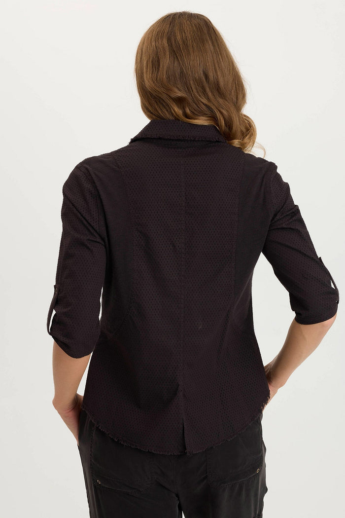 XCVI Arvin Perforated Poplin + Jersey Tabbed 3/4-Sleeve Snap-Up Top