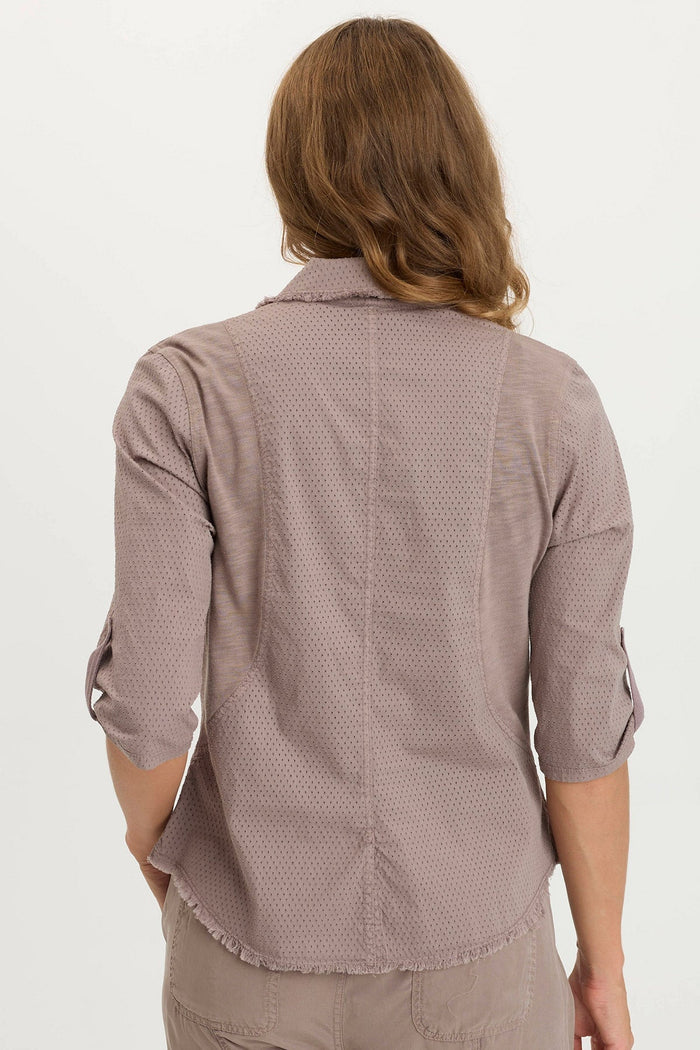 XCVI Arvin Perforated Poplin + Jersey Tabbed 3/4-Sleeve Snap-Up Top