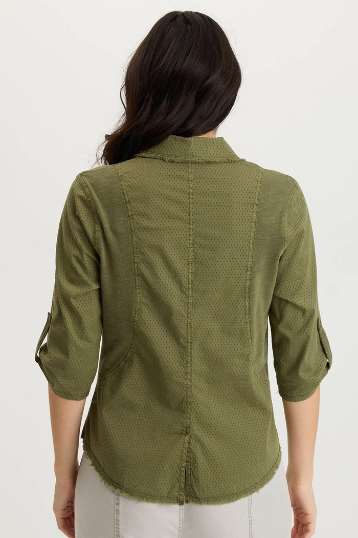 XCVI Arvin Perforated Poplin + Jersey Tabbed 3/4-Sleeve Snap-Up Top